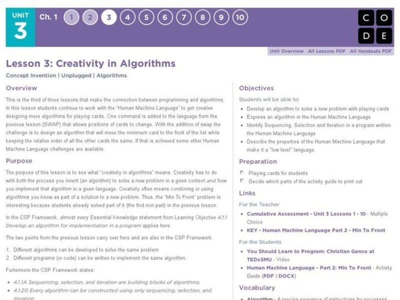 Creativity in Algorithms Lesson Plan