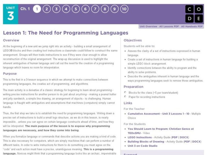 The Need for Programming Languages Lesson Plan