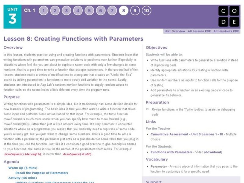 Creating Functions with Parameters Lesson Plan