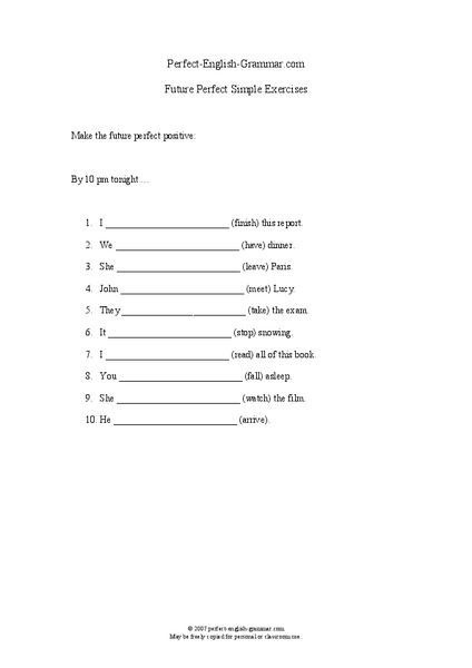 Future Perfect Simple Exercises Worksheet