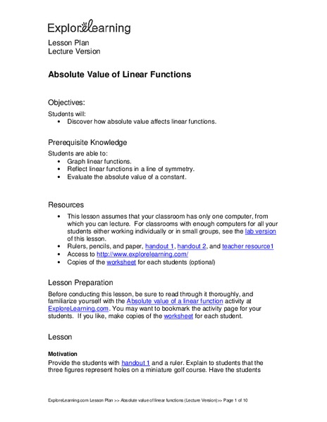 Absolute Value of Linear Functions Lesson Plan