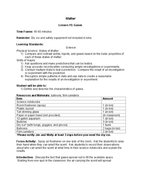 Gases Lesson Plan