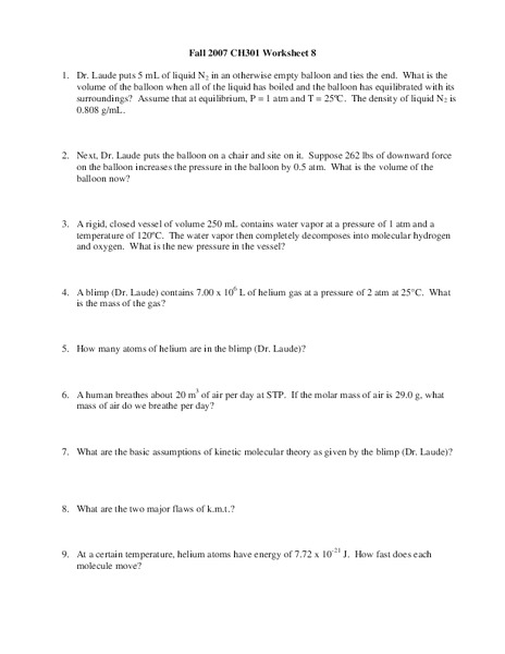 Gases Worksheet Worksheet