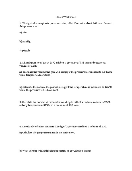 Gases Worksheet Worksheet