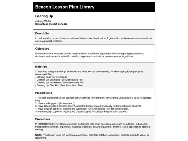 Gearing Up Lesson Plan