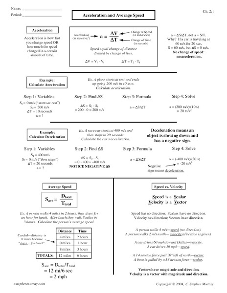 Acceleration and Average Speed Worksheet
