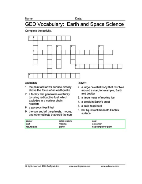GED Vocabulary: Earth and Space Science Worksheet