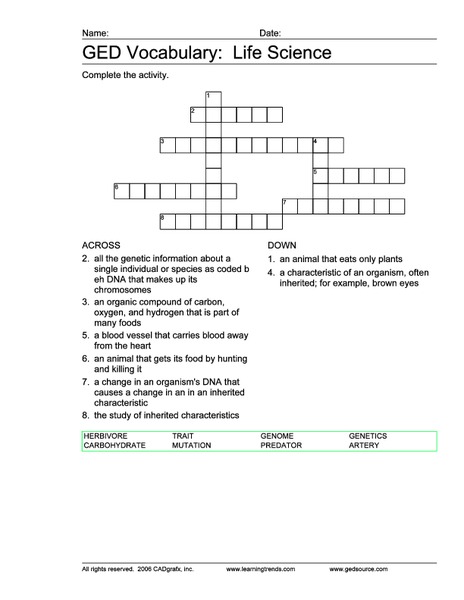 GED Vocabulary: Life Science Worksheet