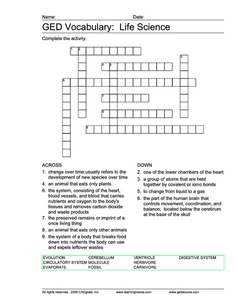GED Vocabulary: Life Science Worksheet