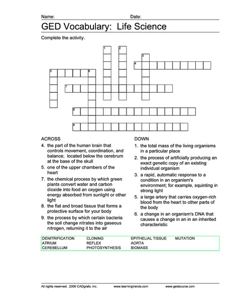 GED Vocabulary: Life Science Worksheet
