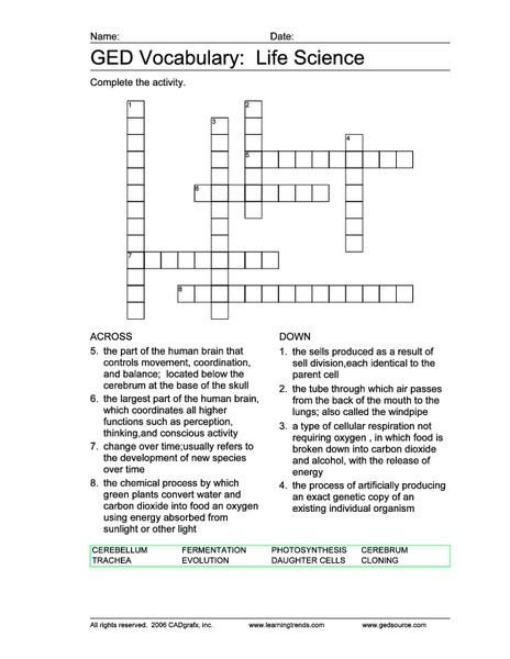 GED Vocabulary: Life Science Worksheet