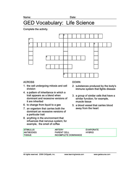 GED Vocabulary: Life Science Worksheet