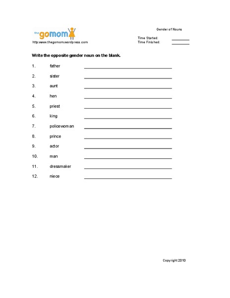 Gender of Nouns Worksheet