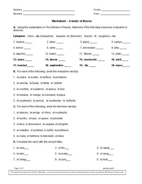 Gender of Nouns Worksheet