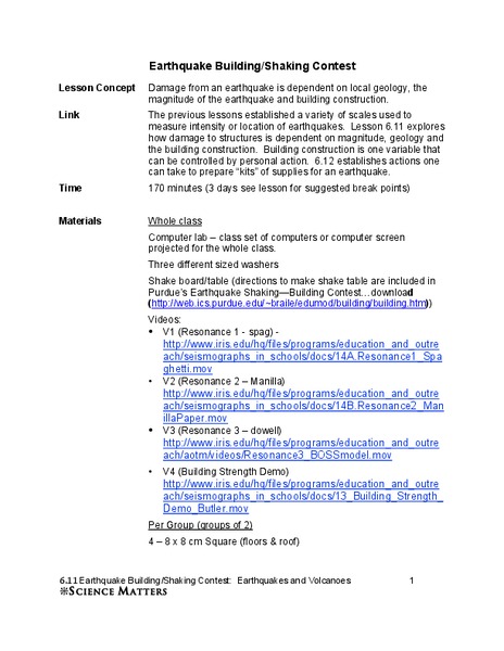 Earthquake Building/Shaking Contest Lesson Plan