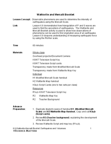 Wattsville and Mercalli Booklet Lesson Plan