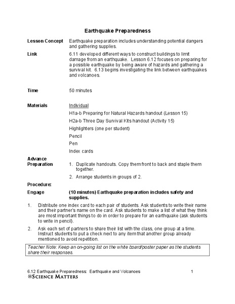 Earthquake Preparedness Lesson Plan