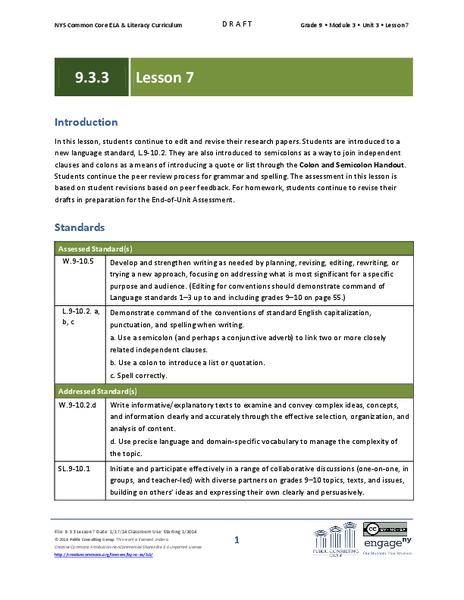 Grade 9 ELA Module 3, Unit 3, Lesson 7 Lesson Plan