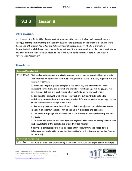 Grade 9 ELA Module 3, Unit 3, Lesson 8 Lesson Plan