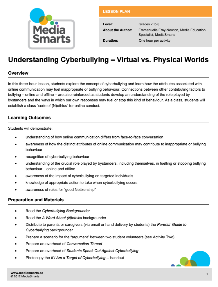 Understanding Cyberbullying — Virtual vs. Physical Worlds Lesson Plan