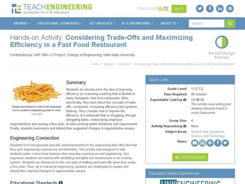 Considering Trade-Offs and Maximizing Efficiency in a Fast Food Restaurant Activity