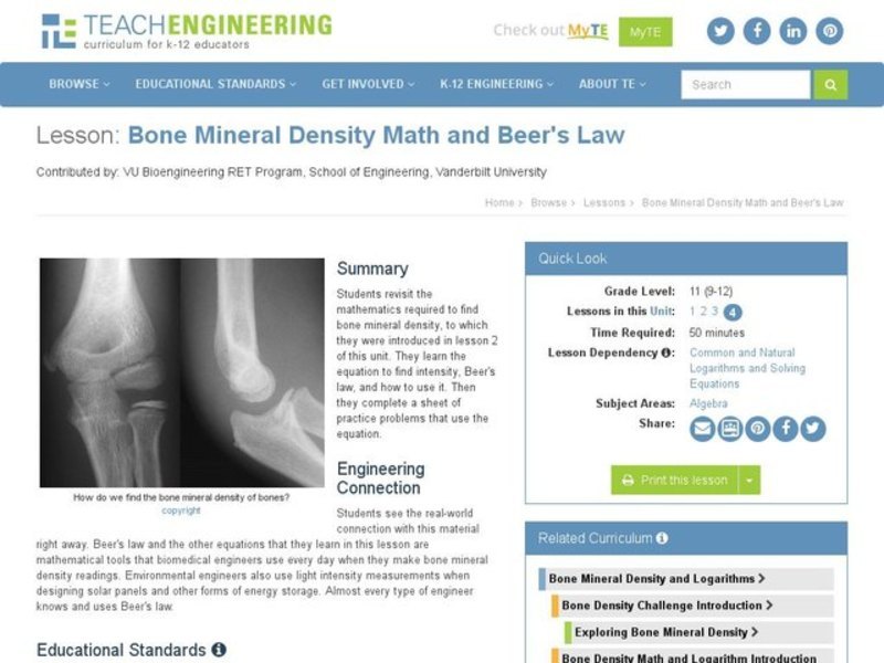 Bone Mineral Density Math and Beer's Law Lesson Plan