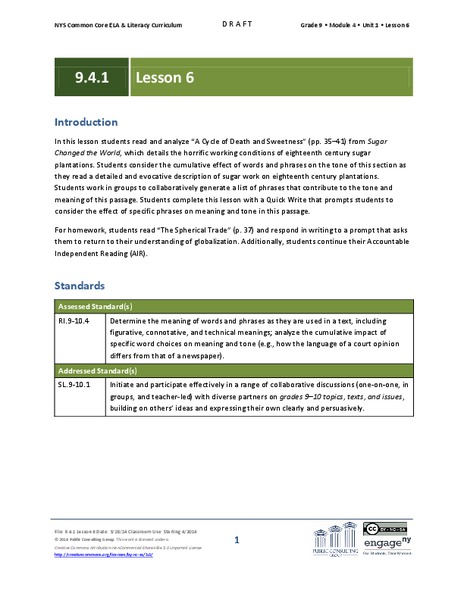 Grade 9 ELA Module 4, Unit 1, Lesson 6 Lesson Plan