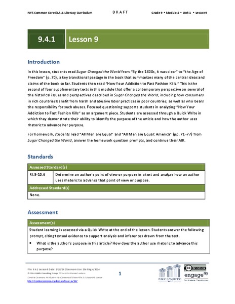 Grade 9 ELA Module 4, Unit 1, Lesson 9 Lesson Plan