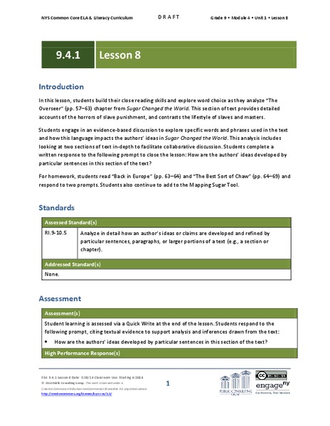Grade 9 ELA Module 4, Unit 1, Lesson 8 Lesson Plan