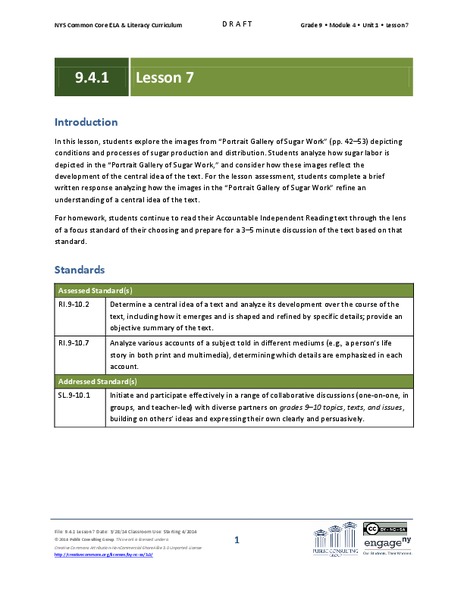 Grade 9 ELA Module 4, Unit 1, Lesson 7 Lesson Plan