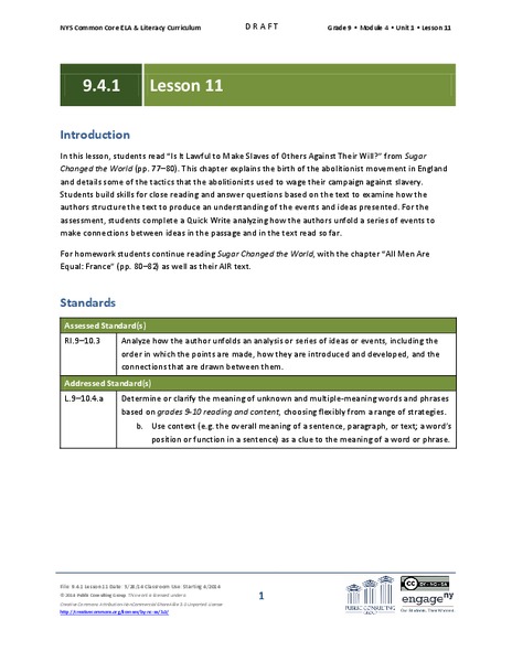 Grade 9 ELA Module 4, Unit 1, Lesson 11 Lesson Plan
