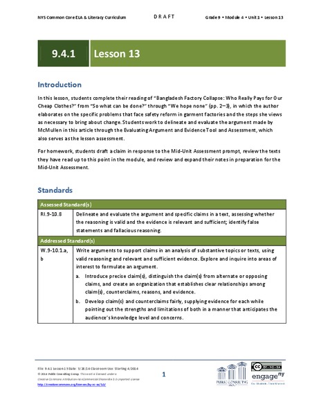 Grade 9 ELA Module 4, Unit 1, Lesson 13 Lesson Plan