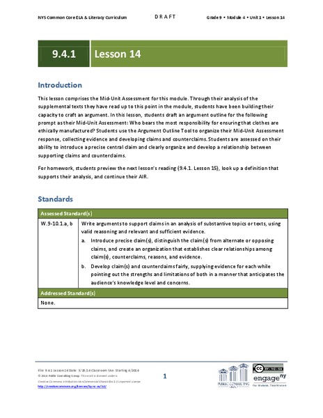 Grade 9 ELA Module 4, Unit 1, Lesson 14 Lesson Plan