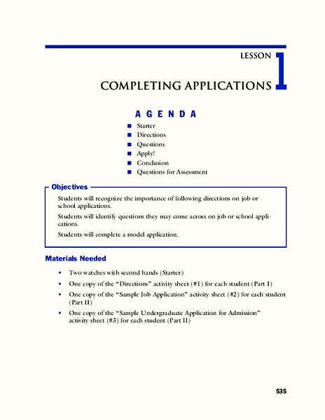 Completing Applications Lesson Plan