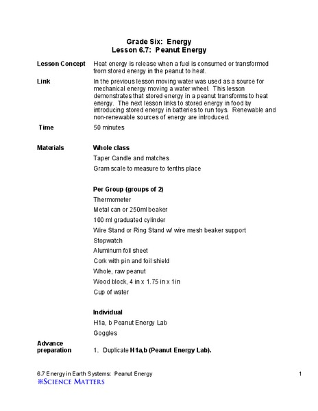 Peanut Energy Lesson Plan