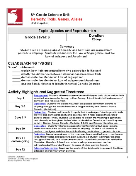 Heredity: Traits, Genes, Alleles Unit Plan