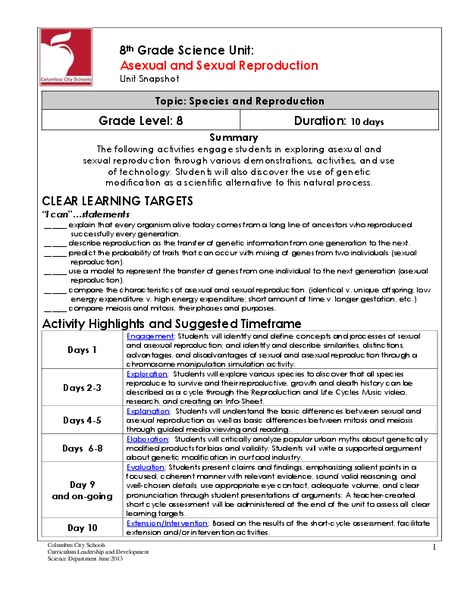 Asexual and Sexual Reproduction Unit Plan