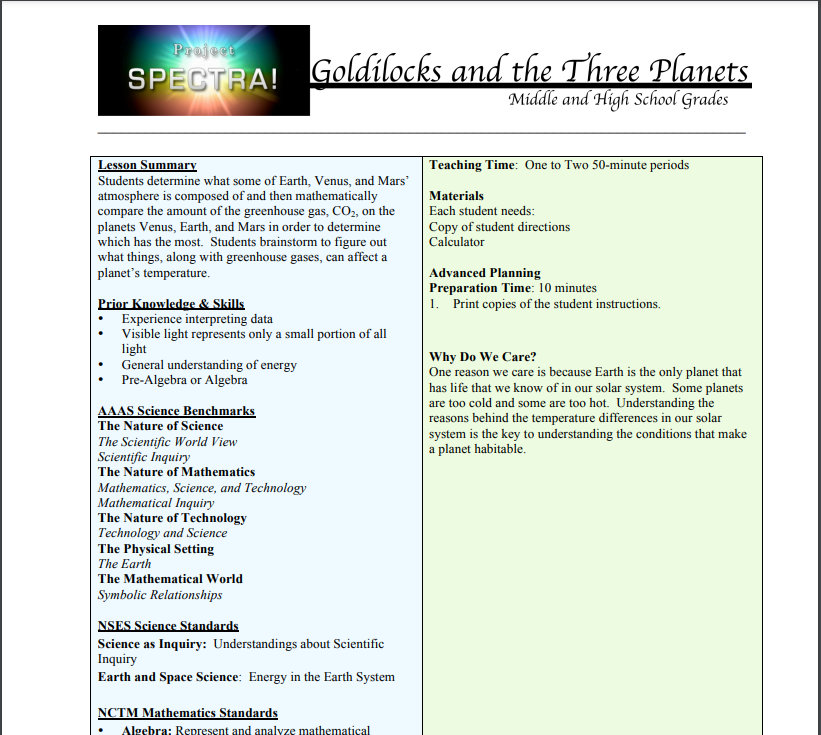 Goldilocks and the Three Planets Lesson Plan