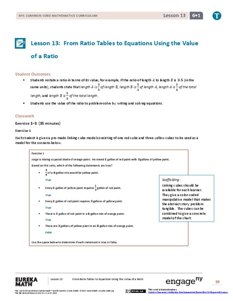 From Ratio Tables to Equations Using the Value of a Ratio Lesson Plan