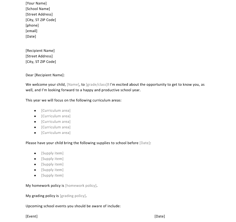 Back to School Welcome Letter Printables