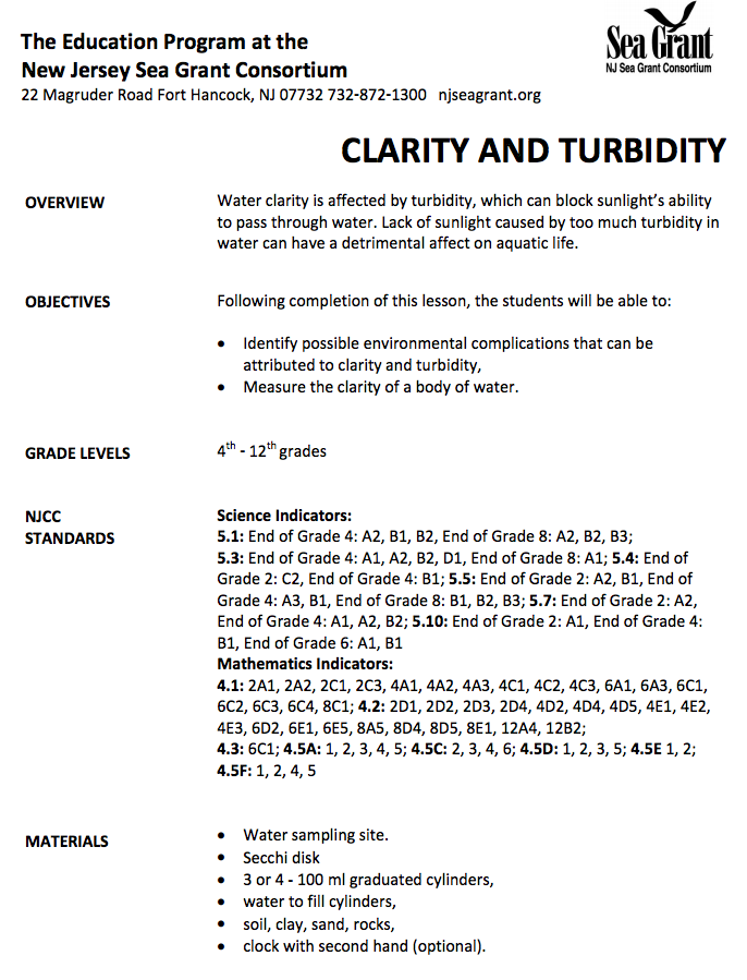 Clarity and Turbidity Lesson Plan