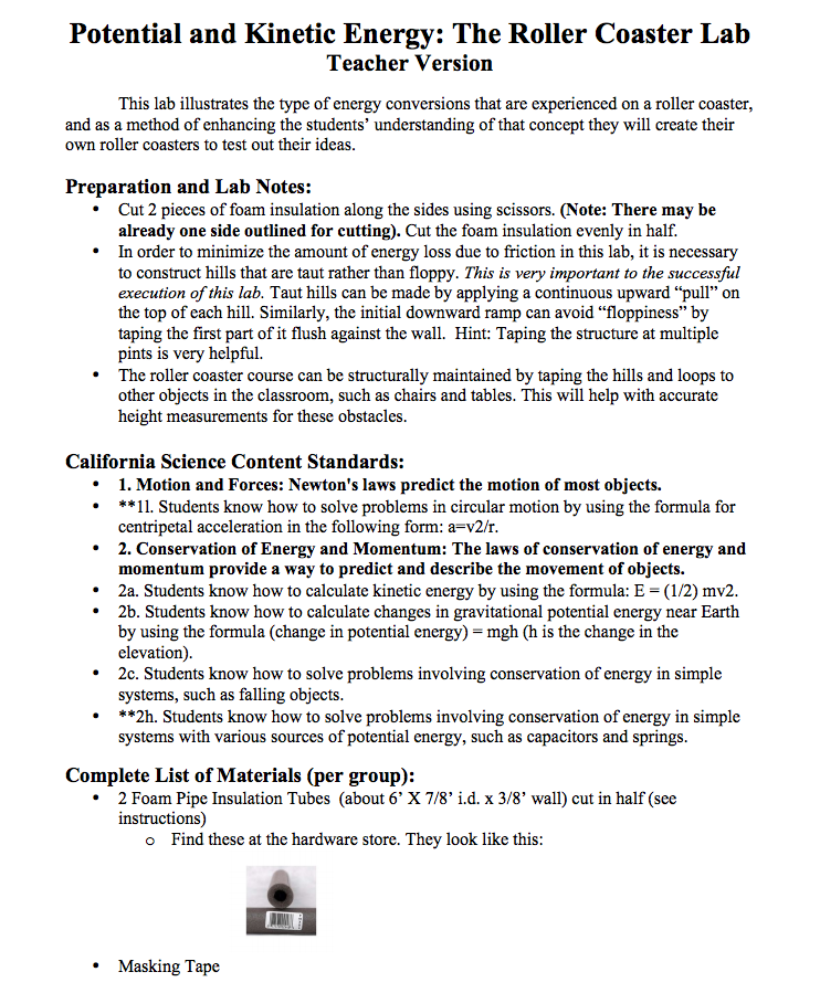 Potential and Kinetic Energy: The Roller Coaster Lab Lesson Plan