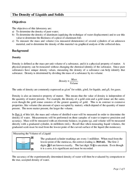 The Density of Liquids and Solids Lesson Plan
