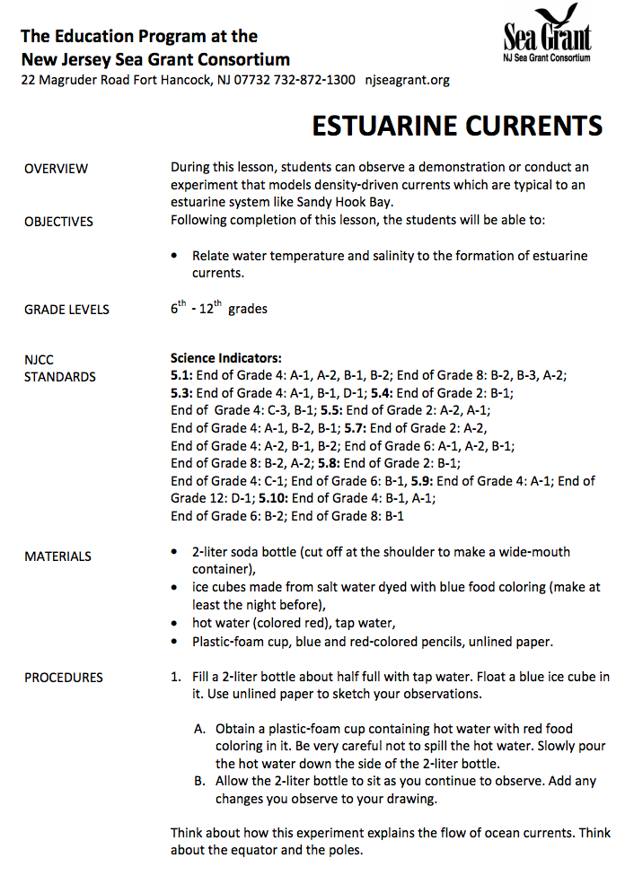 Estuarine Currents Lesson Plan