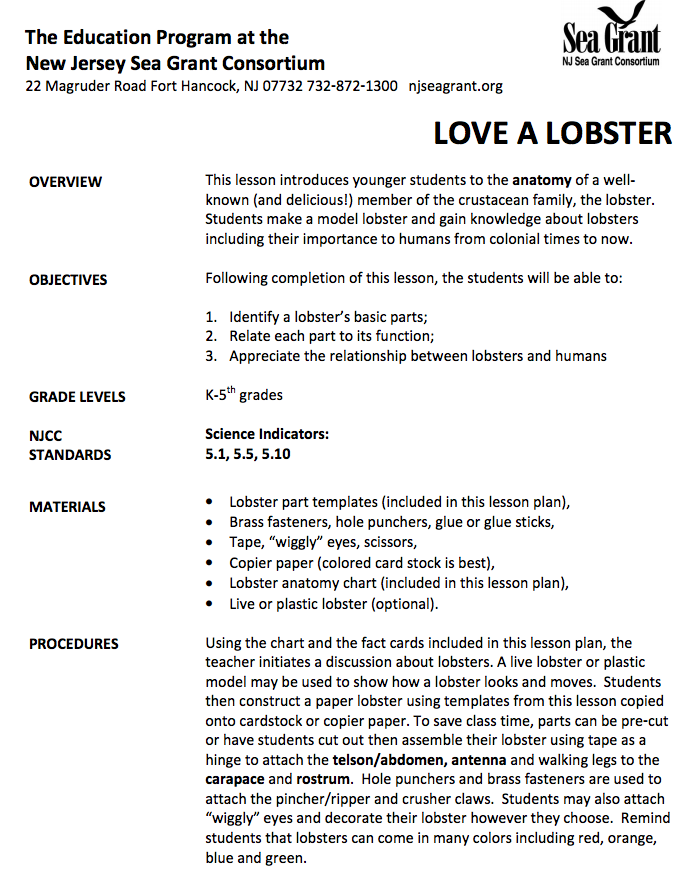 Love A Lobster Lesson Plan