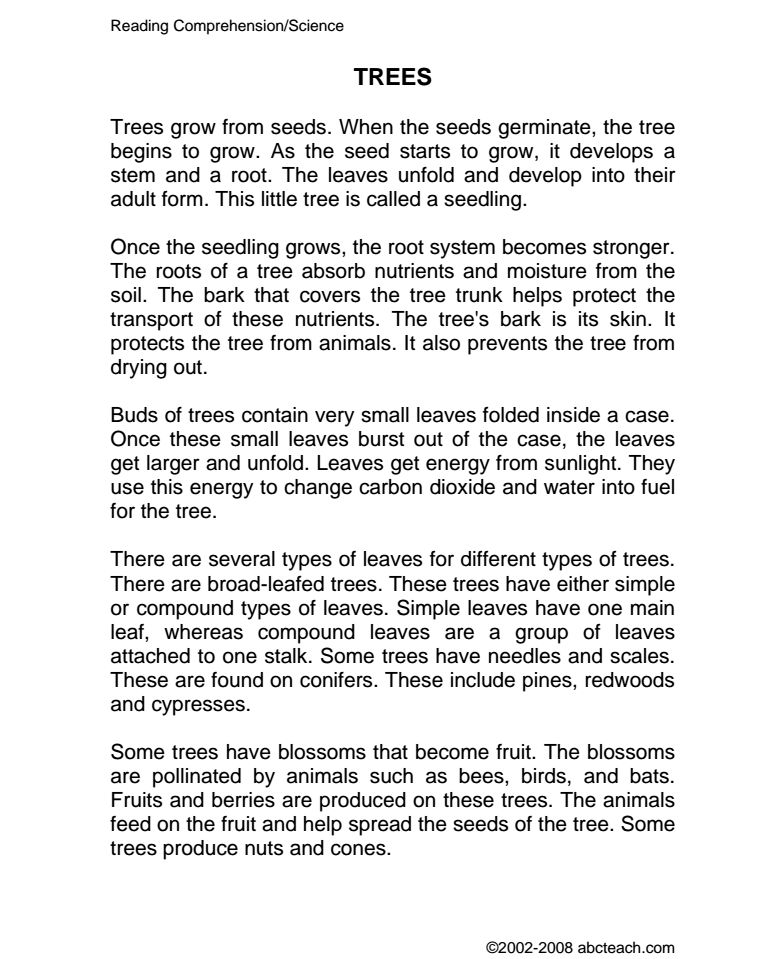 Life Cycle of Trees Worksheet