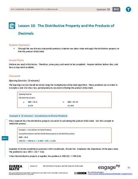 The Distributive Property and the Products of Decimals Lesson Plan