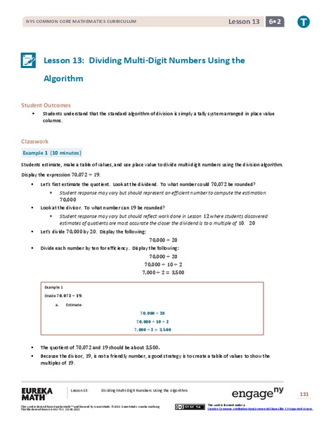 Dividing Multi-Digit Numbers Using the Algorithm Lesson Plan