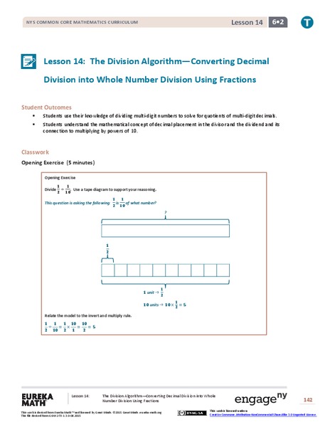 The Division Algorithm—Converting Decimal Division into Whole Number Division Using Fractions Lesson Plan