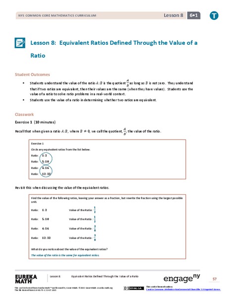 Equivalent Ratios Defined Through the Value of a Ratio Lesson Plan